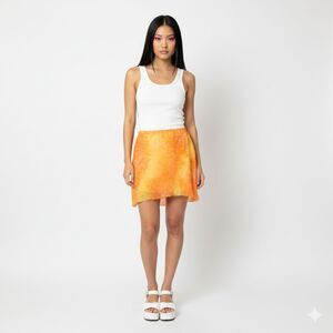 VTG Y2K Rag Orange Yellow Tie Dye High Low Skirt Stretchy Waist Lined Boho Sz L